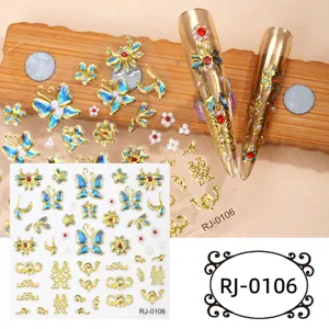 5D Gold Foil Butterfly Nail Art Stickers Embossed Blue Resin Crystal Fingernail Decals RJ-0106