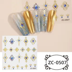 5D gold foil laser embossed nail art stickers with blue crystal gems for gorgeous manicure design.