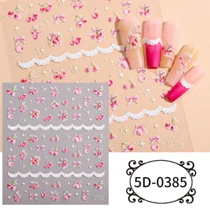 5D embossed cherry bow nail sticker detail view, cute pink DIY manicure charm decal for art designs.