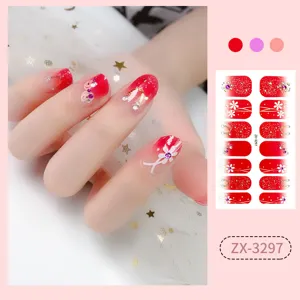 Red gradient nail wrap stickers with rhinestone and white flower art for women girls
