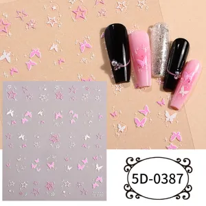5D relief nail art stickers with cute butterfly and star designs for DIY manicure decor.