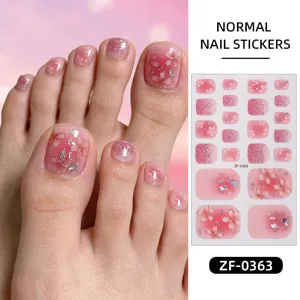 Pink cherry blossom toe nail stickers with glitter design, cute waterproof nail wraps for women.