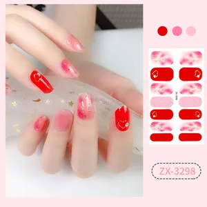 Korean style red gradient pink nail wraps stickers with heart diamonds sweet cute 14pcs