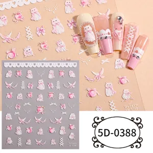Detail view of 5D embossed cat and bow nail stickers, showcasing exquisite nail art decoration.