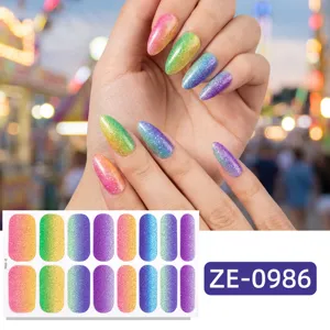 Pegatinas de uñas con degradado de purpurina arcoíris, tiras de manicura brillantes.