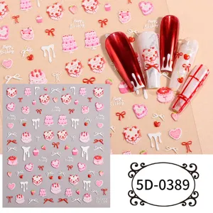 5D embossed nail stickers cute cake bow cherry heart design DIY manicure art decorations