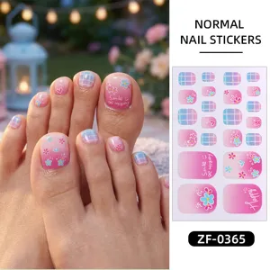Pink gradient toe nail stickers with cute floral and plaid design, waterproof manicure wrap.