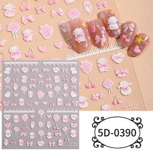 Cute 5D embossed nail stickers featuring lovely lambs, bows, and sweet heart designs.
