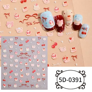 5D embossed nail art stickers featuring cute cartoon bears, bows, and cakes for DIY manicure.