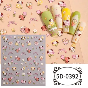 5D embossed cute puppy flower nail art stickers DIY bowknot floral nail decals for women