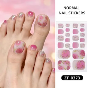 Pink floral toe nail stickers with gold foil details. Cute waterproof nail wraps for women.
