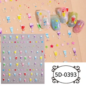 5D embossed nail stickers DIY cocktail cup star pattern colorful nail art decals decoration