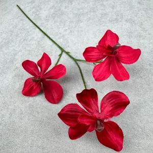 Künstliche Orchidee Stiel 3 Köpfe rote Kunstblume Dekor für Haus Hochzeit Blumenarrangement