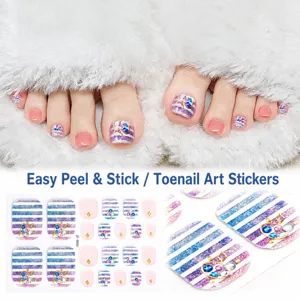 Summer 3D rhinestone toe nail stickers, blue purple striping cute beach nail art decals.