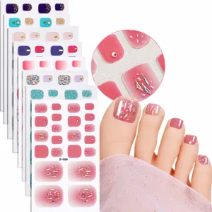 Summer 3D rhinestone toe nail stickers set, colorful glitter beach foot nail art wraps.