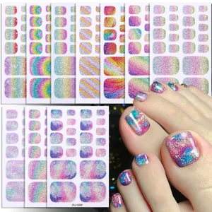 Gradient Glitter Aurora Toenail Stickers Cute French Style Press On Nails Full Cover Waterproof Artificial Nail Art Tips For Women