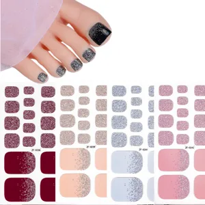 Gradient glitter toenail stickers polish strips set for women, colorful sparkle nail wraps.