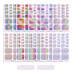 Glitter gradient rainbow toe nail stickers set, colorful starry aurora toenail wraps for women.