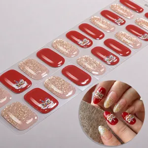 Strisce per unghie in gel UV senza lampada con glitter rossi e design di danza del leone.