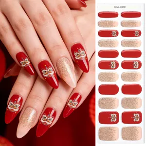 Set di adesivi per unghie in gel danza del leone di capodanno, manicure festiva rossa.
