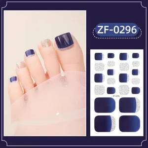 Gradient blue silver glitter toe nail stickers waterproof full cover pedicure wrap set