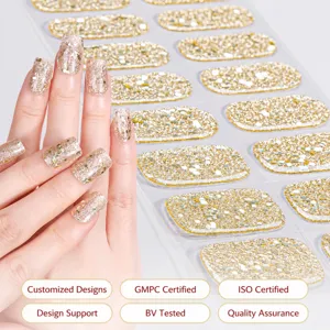 Smalto adesivo in gel semi-curato con glitter oro brillanti, strisce per manicure fai da te facili.