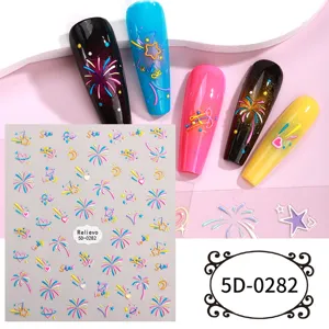 Adesivi per unghie in rilievo 5D con fuochi d'artificio colorati e stelle per manicure.
