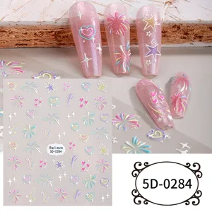 Adesivi per unghie goffrati 5D con cuori carini, stelle e fuochi d'artificio colorati per nail art.