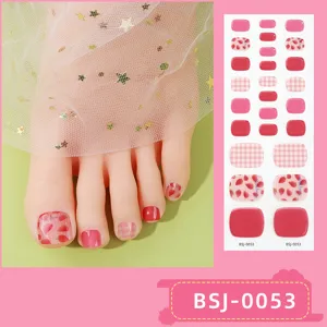 Semi-cured gel toe nail wraps feature cute strawberry and plaid designs for summer feet.