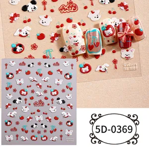Adesivi per nail art in rilievo 5D simpatico cucciolo ciliegia decalcomanie per unghie rosse festive