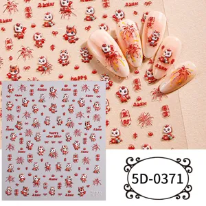 Adesivi per unghie 5D Capodanno cinese, simpatici disegni leone cavallo, nail art rossa festiva.