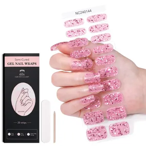 Wrap per unghie in gel semi-curato glitter rosa 20 strisce kit manicure UV con lima.