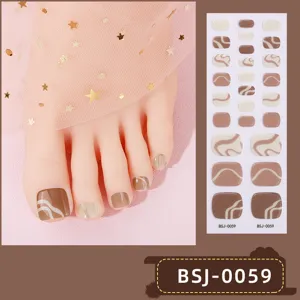 Detailed view of brown semi-cured gel toe nail wraps featuring abstract curved lines.