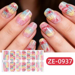 Glitter palm tree nail wraps summer beach holographic nail stickers for women art decor