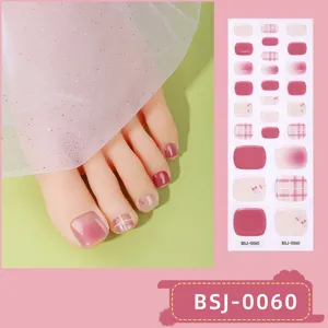 Semi-cured gel toe nail art stickers with charming pink plaid and sweet cherry design.