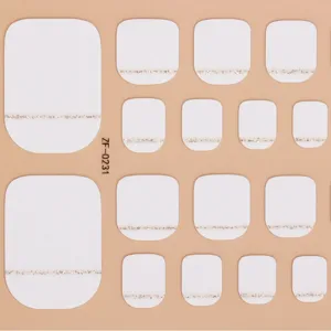 White toe nail wraps with silver glitter line, minimalist full cover foot nail stickers.