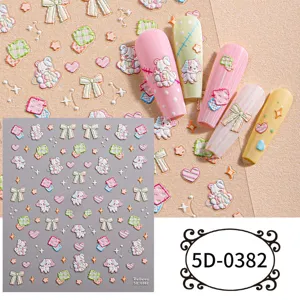 5D embossed cute bear bow nail art stickers adhesive decals charm manicure decorations