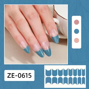 French style blue nail polish wraps with silver glitter edge for easy home DIY manicure.