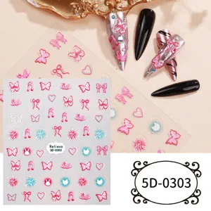Close up detail of 5D embossed nail stickers featuring cute butterfly and bow designs.