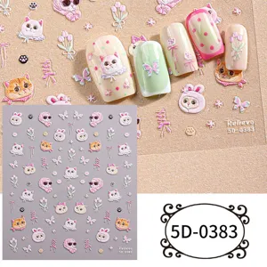 5D embossed cute cat rabbit flower adhesive nail art stickers for professional manicure design
