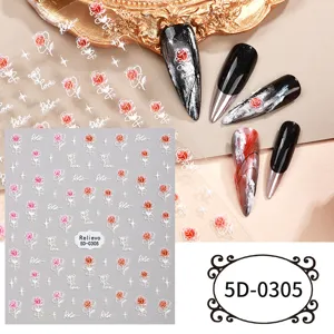 5D embossed rose nail stickers, elegant floral art decals for DIY manicure designs.