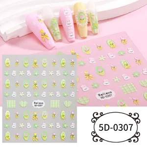 Summer 5D embossed nail stickers featuring cute rabbits, tulips, bows, and floral DIY designs.