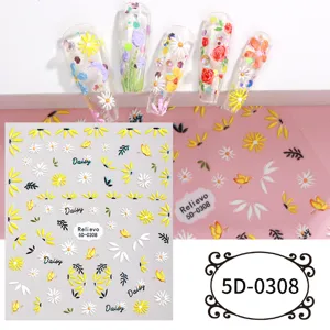 Summer 5D embossed nail art stickers featuring cute daisies and butterflies for DIY manicures.