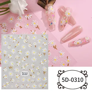 5D embossed daisy nail art stickers DIY white floral cute manicure decals for women girls