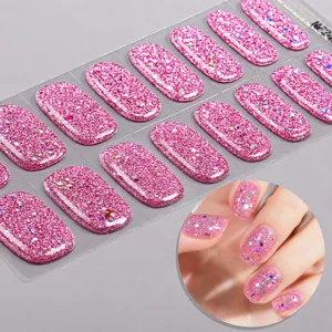 Strisce per unghie in gel semi-polimerizzato rosa glitter adesivi UV con paillettes per donne