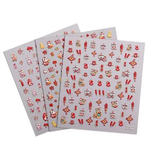 5D embossed Chinese lion dance nail stickers, festive red gold spring festival adhesive nail art decals.