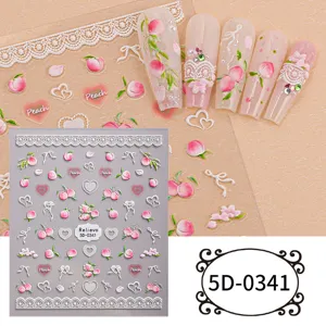 5D embossed nail art stickers featuring sweet peach, lace and bow designs for summer DIY manicures.