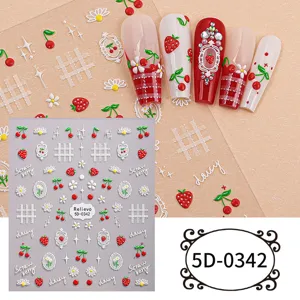 5D embossed nail stickers featuring summer strawberries, cherries, daisies, and grid art designs.