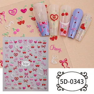 5D embossed cherry and bow nail art stickers detail close-up showcasing 3D textured design.