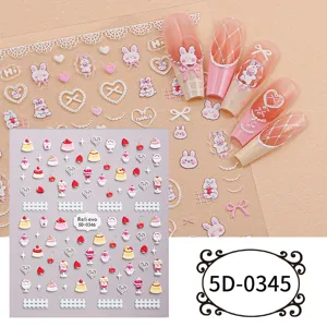 5D embossed cute rabbit and dessert nail art stickers, DIY butterfly charm manicure decals.